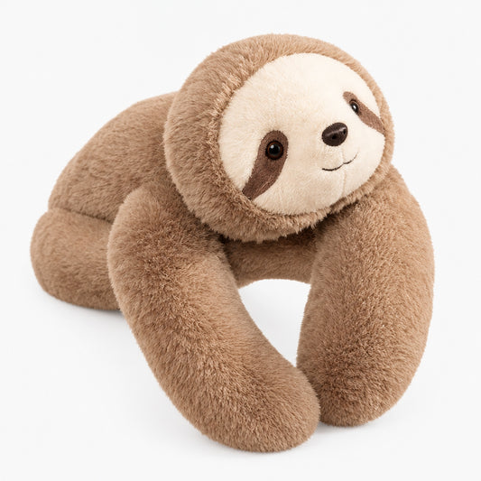 Brown long-arm plush sloth pillow with extra-long huggable arms, studio product photo on white background