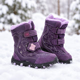 Kids Purple Winter Snow Boots, Plush-Lined Butterfly Print Waterproof thumbnail 5