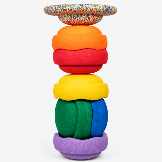 Rainbow Confetti Stacking Stones set stacked vertically with the confetti balance disc on top