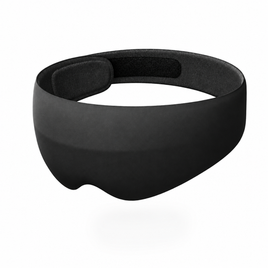 Black 3D contoured sleep mask, full light-blocking eye mask, clean studio product photo