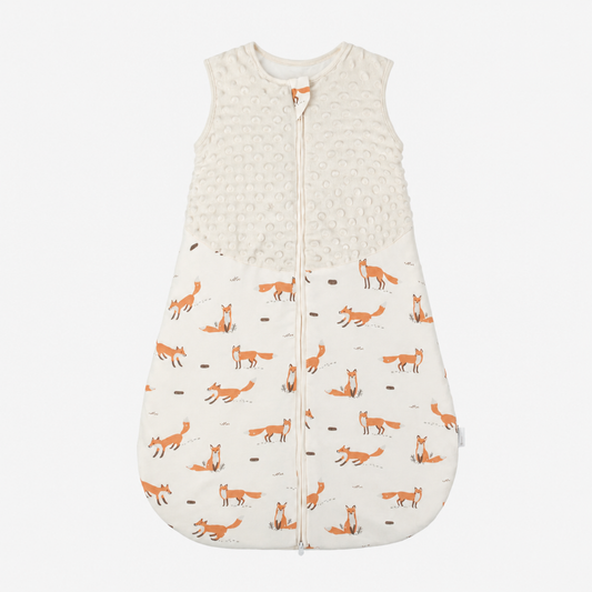Sleeveless baby sleep sack in fox print, soft cotton-blend fabric with two-way zip for easy nappy changes