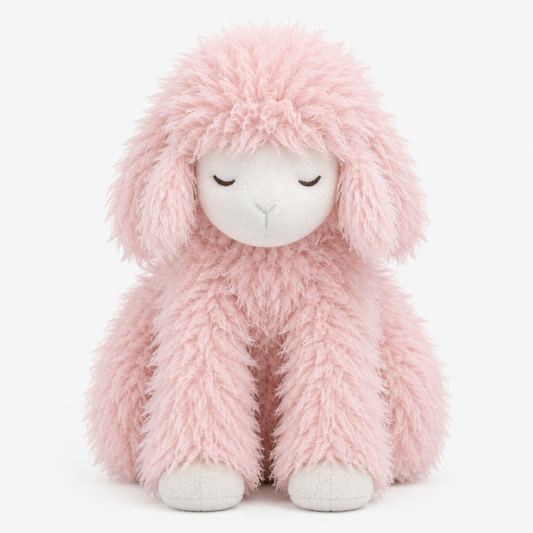 Pink plush sleepy lamb soft toy, front view sitting upright showing full fluffy body and sleepy face