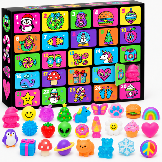 Squishy Advent Calendar box with 24 numbered doors and a row of assorted squishy toy figures, clean studio shot