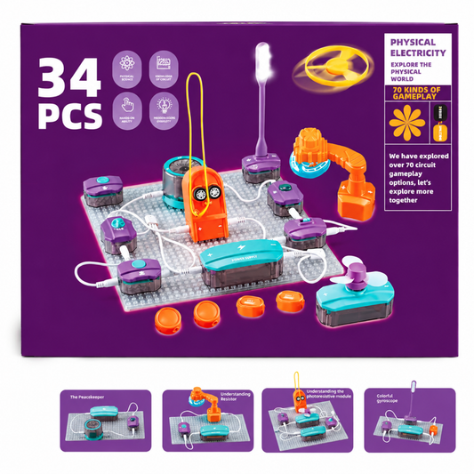 STEM electronic circuit building block kit box, 34-piece set, snap-together modules and build board