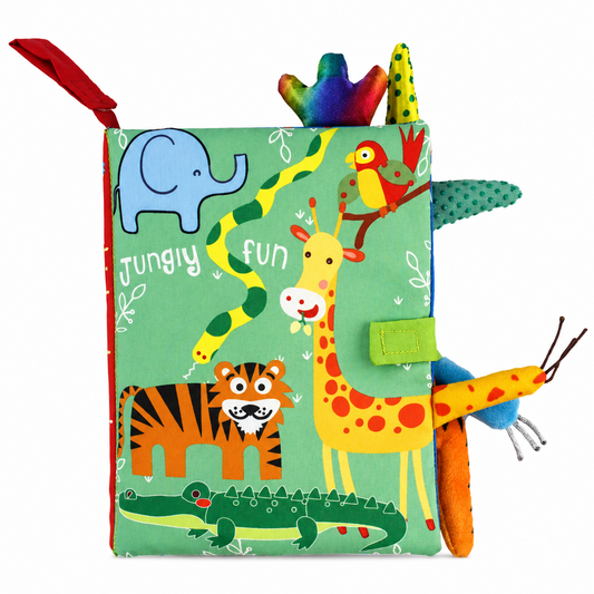 Tiger-theme interactive tail cloth book for babies with crinkle fabric pages and textured tail