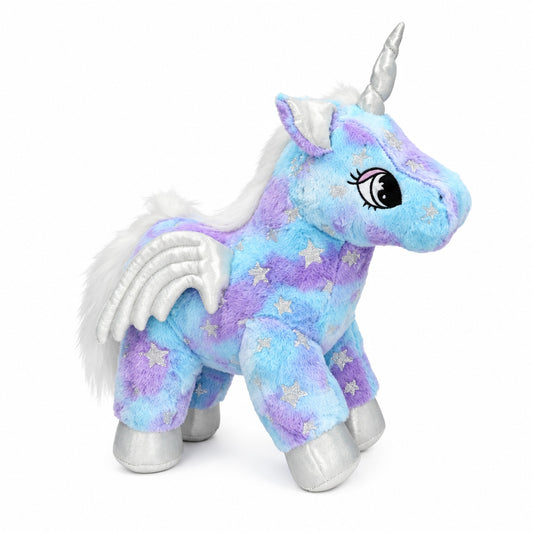 Blue magical unicorn plush toy with silver wings and star details, studio shot on white background