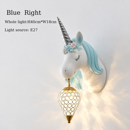 Blue unicorn wall lamp with crystal glass shade, sculpted resin unicorn head night light for a kids' bedroom or nursery
