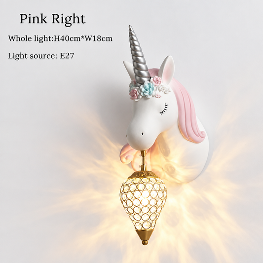 Pink unicorn wall lamp with crystal glass shade, sculpted resin unicorn head night light for a girl's bedroom or nursery