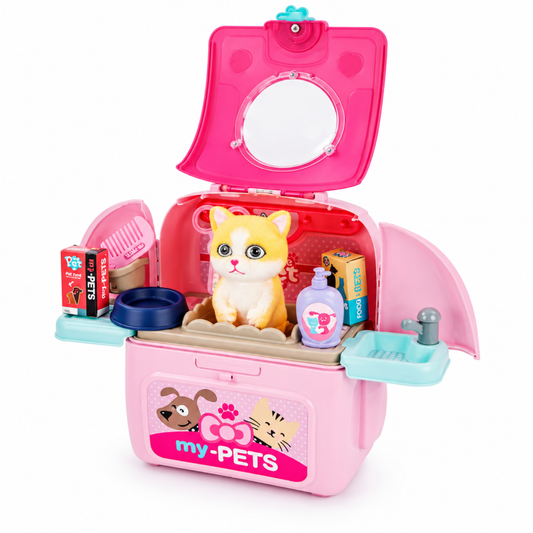 Pink plush cat toy from the vet care playset sitting beside its zip-up pink carrier backpack