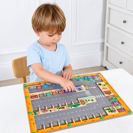 Child playing with wooden magnetic alphabet maze board