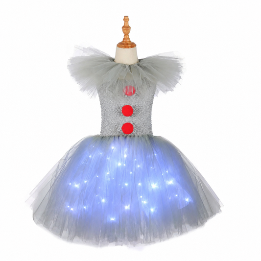 Scary Clown Light-Up Tutu Dress Halloween Costume for kids - dress only, no gloves, LED light-up ballgown skirt with puff sleeves