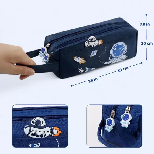 Astronaut pencil case open showing compartments