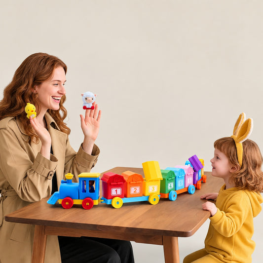 Mother and toddler playing with the wooden farm animal train toy set and finger puppets