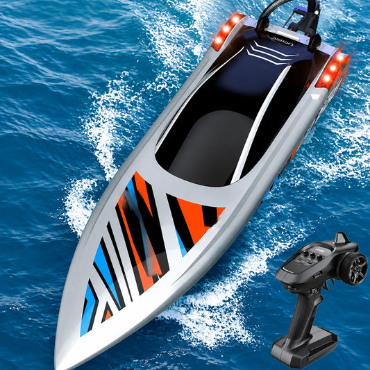 Grey and orange 70km/h brushless RC racing speedboat, 57cm hull, full side view on water