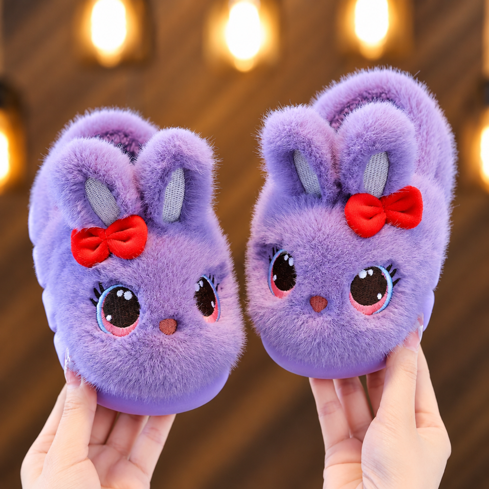 Pantoufles lapin à nœud duveteuses pour filles, chaussons d'intérieur en peluche chaude pour l'hiver