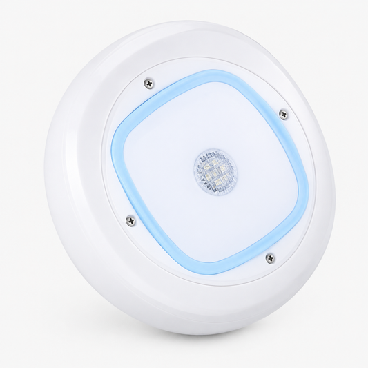 Floating fish light projector shown at a three-quarter angle, revealing the underside LED lens