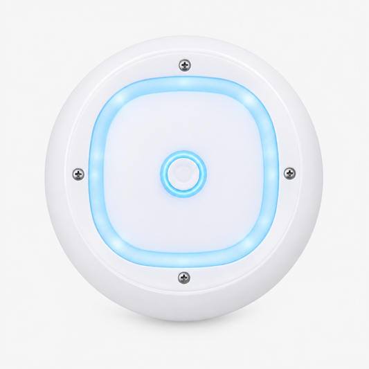 Floating fish light projector, white round bath toy with glowing blue control ring, front view on white background