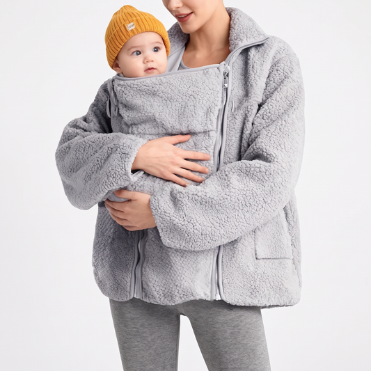 Light grey fleece maternity babywearing jacket, studio photo