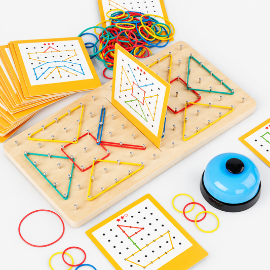 Wooden geoboard battle game with colorful rubber bands and geometric challenge cards on a clean white studio background