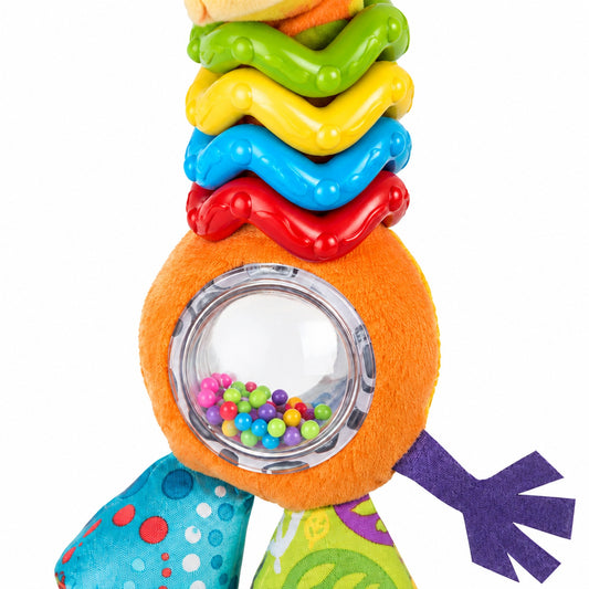 Close-up of the four green, yellow, blue and red wavy grip rings and the clear rattle window filled with colourful beads