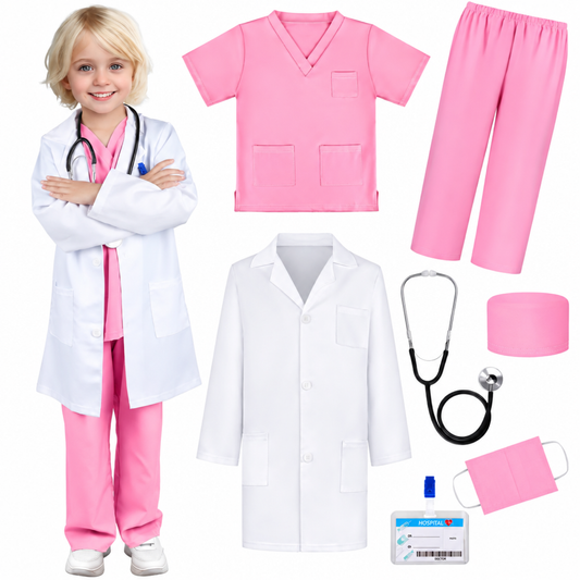 Girls pink doctor nurse costume set with lab coat, scrub top, trousers, toy stethoscope and ID badge