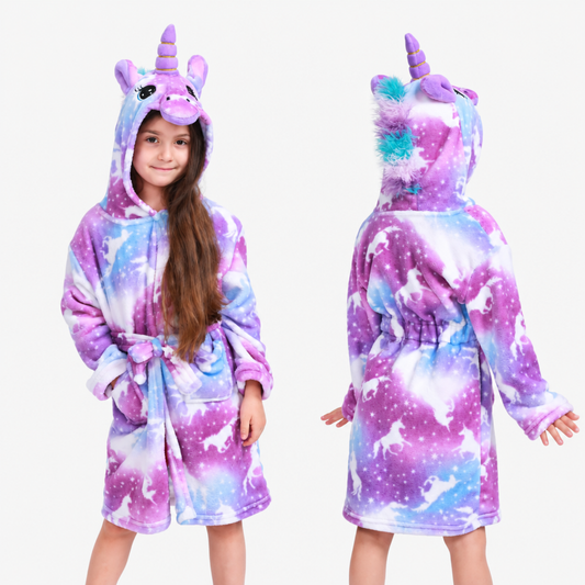 Purple unicorn print flannel dressing gown for girls, soft studio product photo