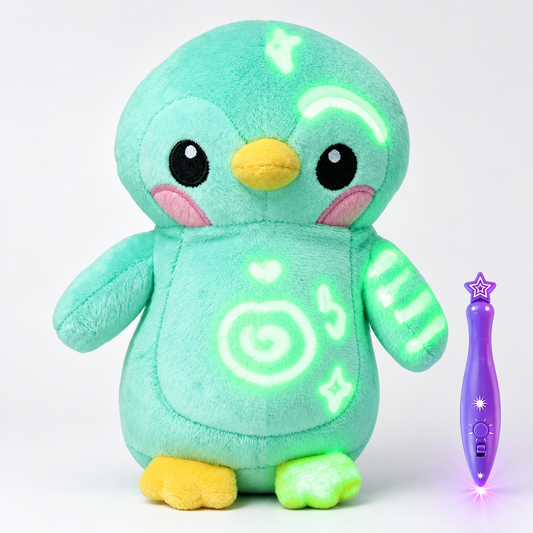 Light green glow-in-the-dark doodle penguin plush with light-up glow pen, day view beside glowing nighttime view