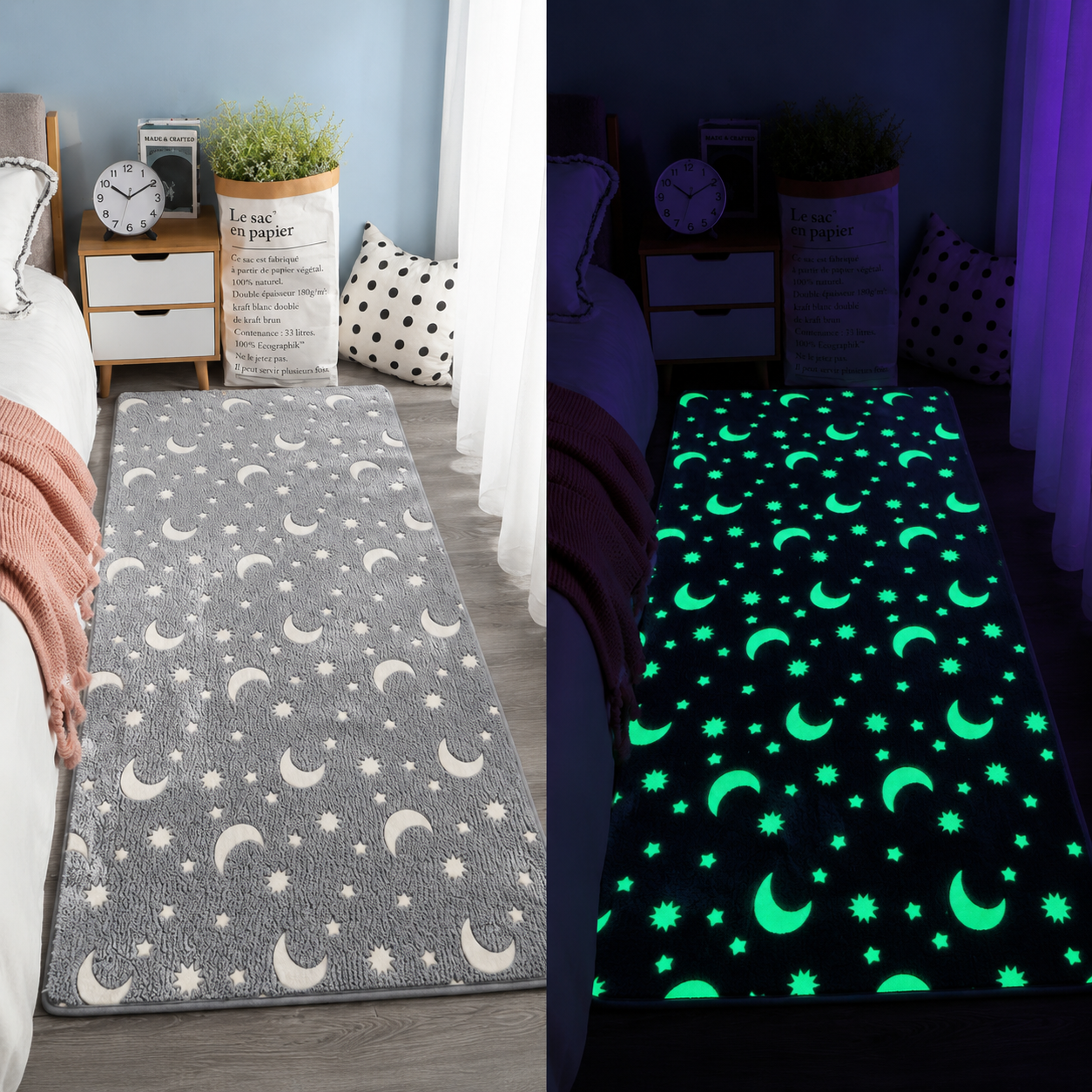 Grey moon and star glow rug
