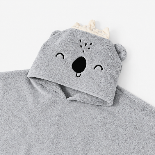 Grey koala hooded baby bath towel laid flat with hood up on a clean white background