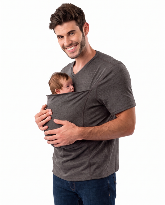 Grey kangaroo pocket babywearing t-shirt, front view with baby in pouch