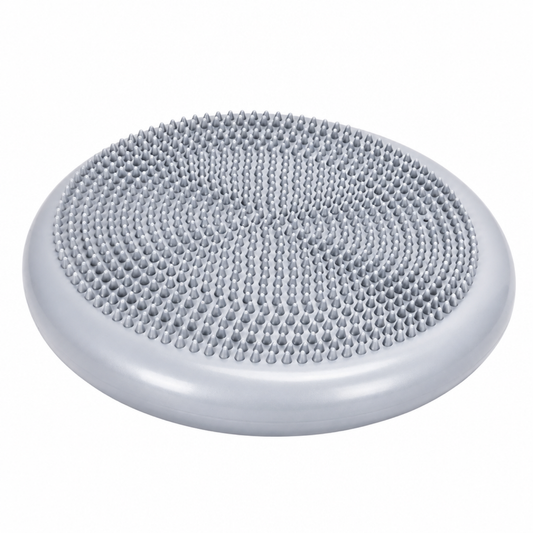 Grey inflatable sensory balance disc showing nubby tactile texture for kids