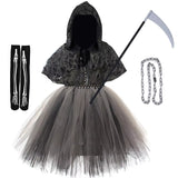 Girls Grim Reaper Tutu Dress Halloween Costume with Skeleton Cloak thumbnail 2