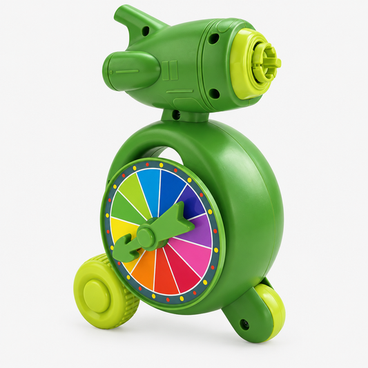 5-in-1 Gyro Spinning Toy in dark green, studio product photo showing the manual launcher, rainbow spinner wheel, and stacking gyroscope base