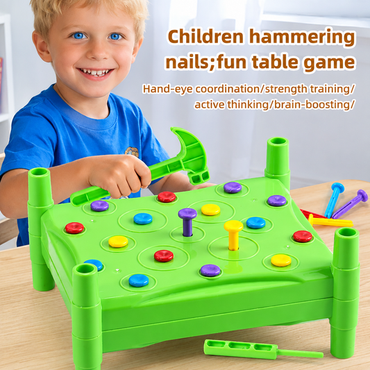 Toddler playing with the hammer and nails STEM sensory sorting toy