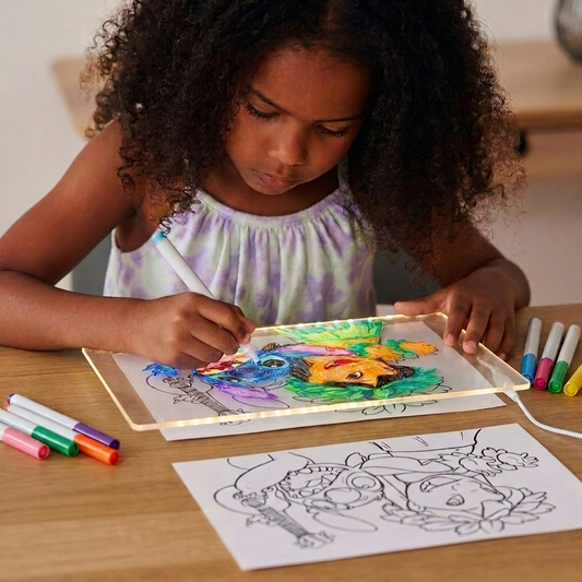 Child drawing on the LED tablet with light-up pen