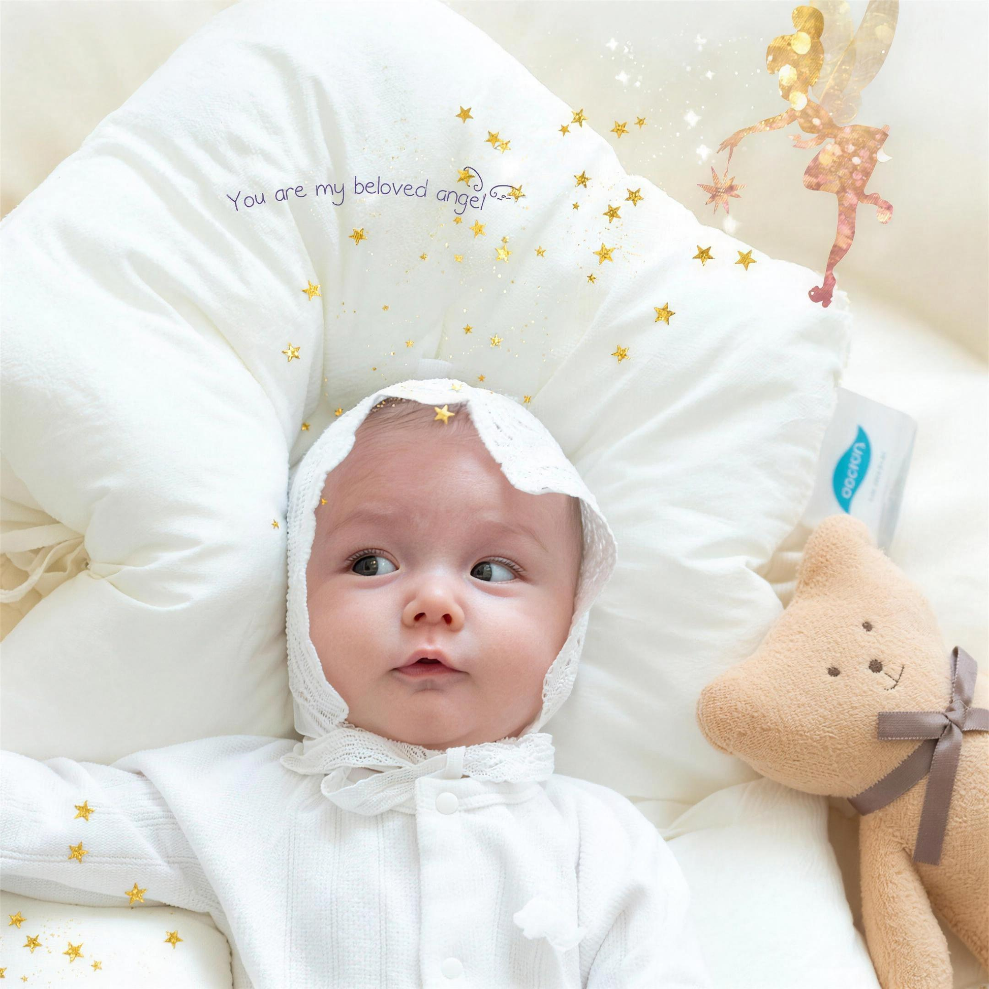 Baby resting on cotton support pillow