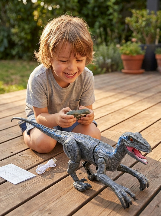 Happy child playing with remote-control dinosaur toy on wooden floor