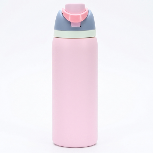 Insulated water bottle with built-in straw in Pink-Grey
