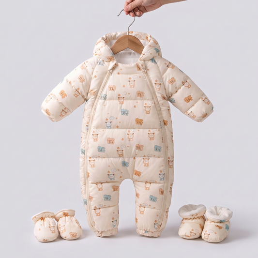 Hooded Baby Snowsuit in Cream Cartoon Animals print