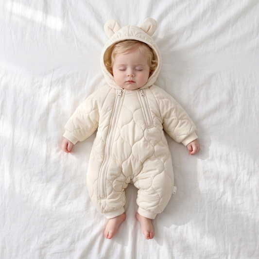 Quilted Hooded Baby Romper in Cream