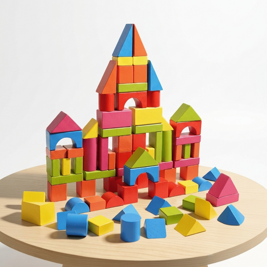 82-piece coloured wooden building blocks set in box