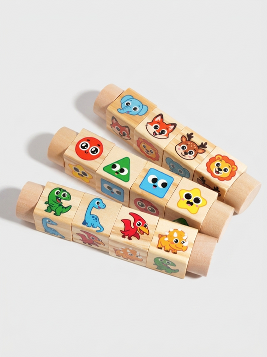 FunMatch rotating cartoon puzzle cubes displayed together, colourful wooden building blocks