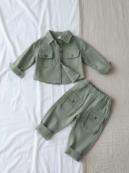 Boys cargo two-piece outfit in sage green, button-up shirt with cargo trousers, studio product photo