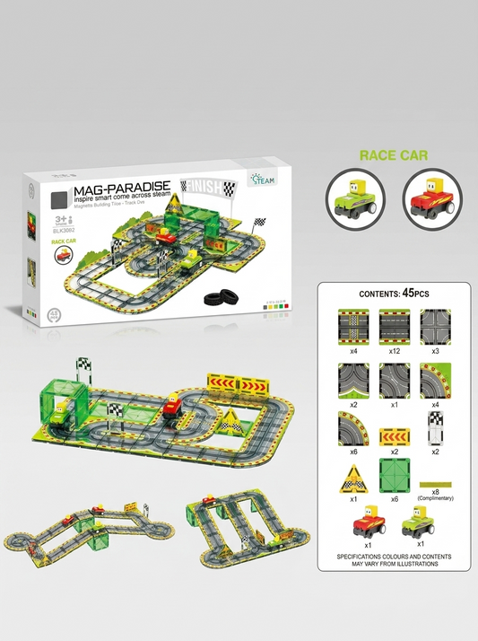 Magnetic building blocks Racing set with two cars, studio product photo