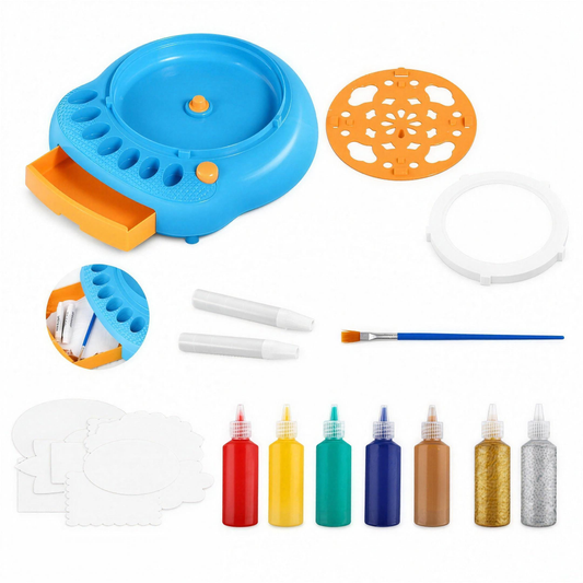 Spinning art machine in blue with stencil disc, paint bottles, brush and blank cards