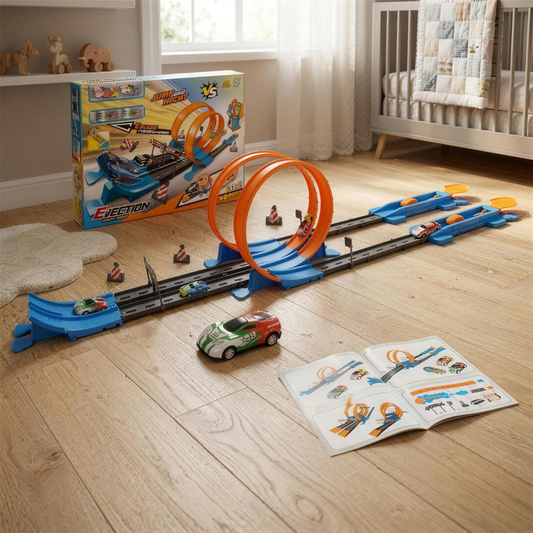 Racing track set box and track laid out on a wooden floor