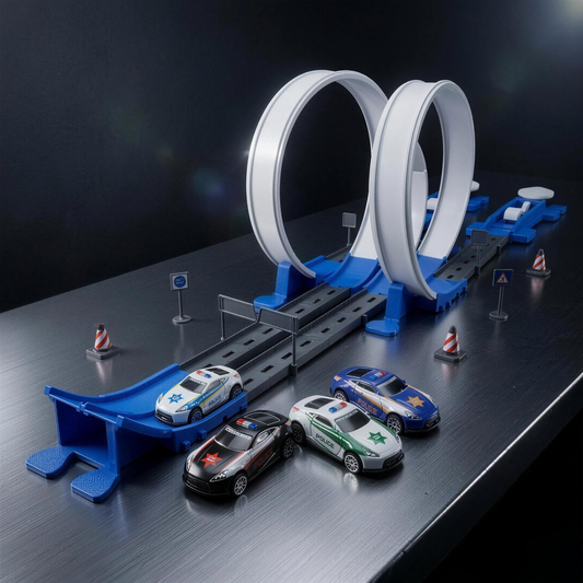 Close-up of the dual loop launchers and racing track at night
