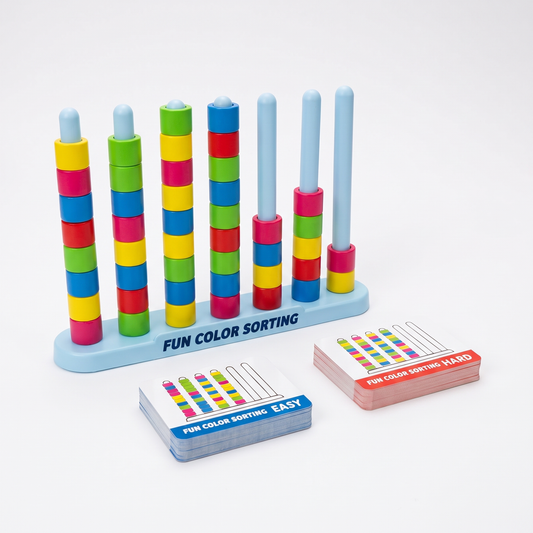 Bead stacking logic game, clean product view of colourful pegs