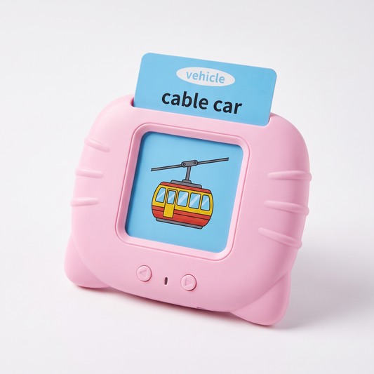 Interactive reading gadget for toddlers with sound-assisted flash cards, front view