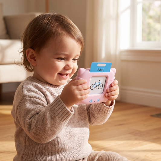 Toddler happily using the interactive reading flashcard gadget at home